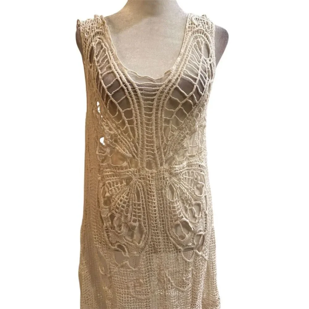 Somya Women's M Beige Butterfly Tunic Dress Cover-Up Beachwear - Picture 2 of 8